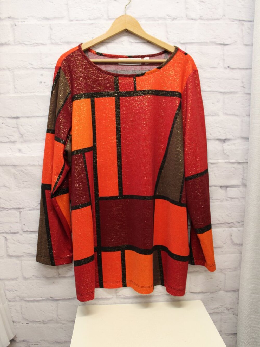Simonton Says Plus 2X Red Orange Metallic Colorblock Longsleeve Blouse Tee